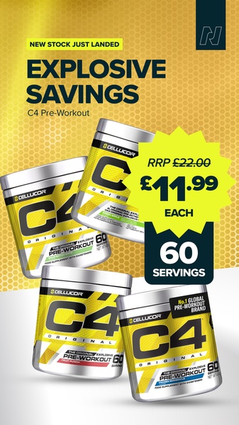 A high-contrast, vertical mobile ad featuring C4 Pre-Workout containers with a bright, attention-grabbing price-drop callout.